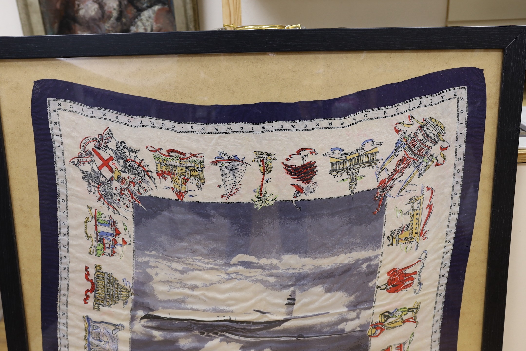 A hand coloured BOAC scarf, framed